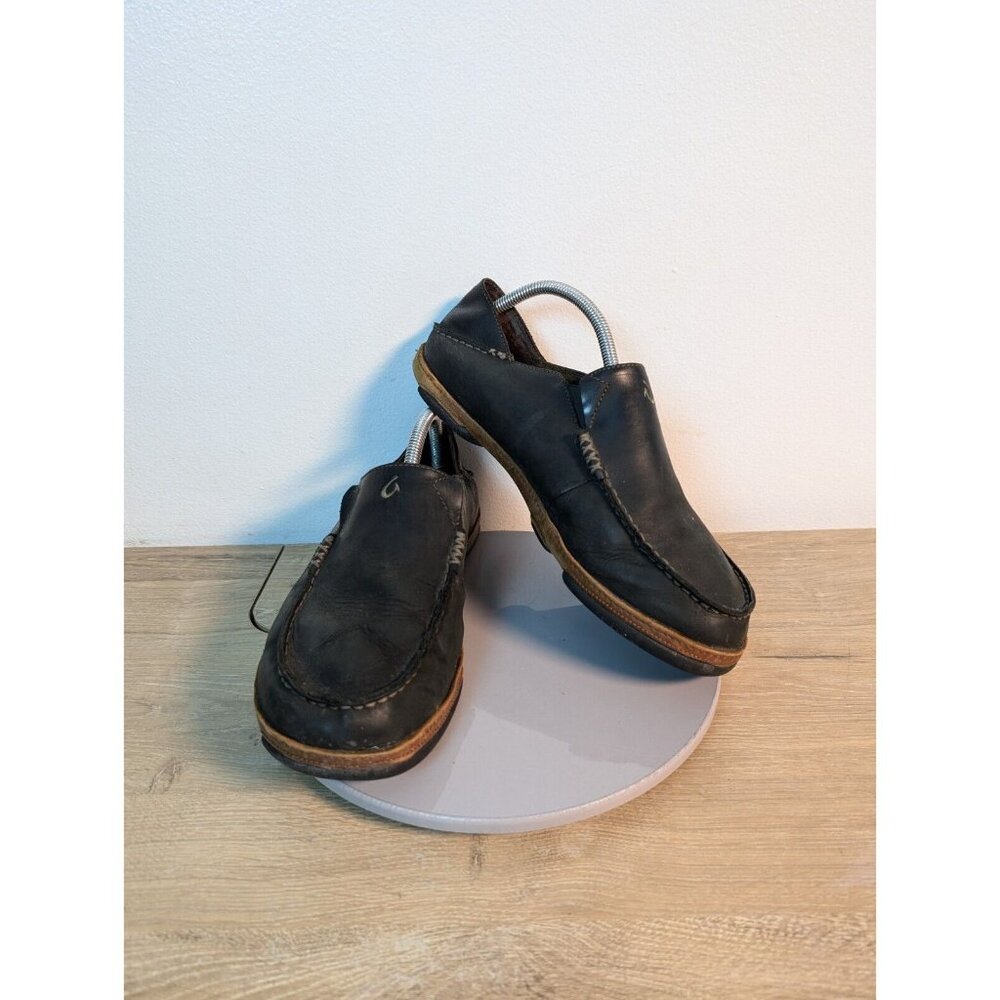 OluKai Moloa Black Leather Casual Slip On Shoes Men's Size 10 M 10128-4033